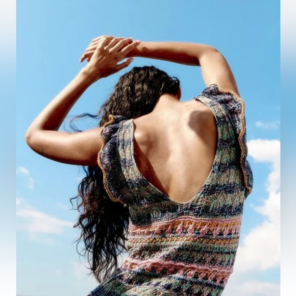 ZARA RUFFLED POINTELLE KNIT BODYCON MIDI DRESS MULTICOLORED Small - Picture 11 of 12